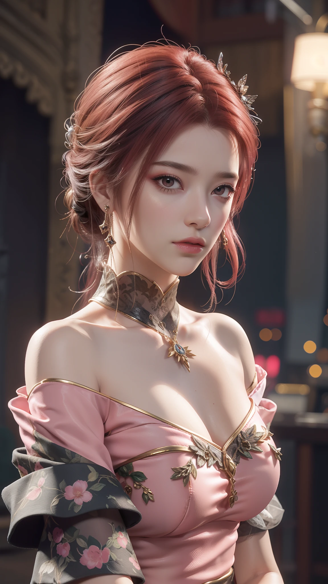 Best Quality, Masterpiece, Ultra High Resolution, (Realisticity: 1.4), Original Photo, 1girl, Pink Off-the-Shoulder, Cinematic Lighting