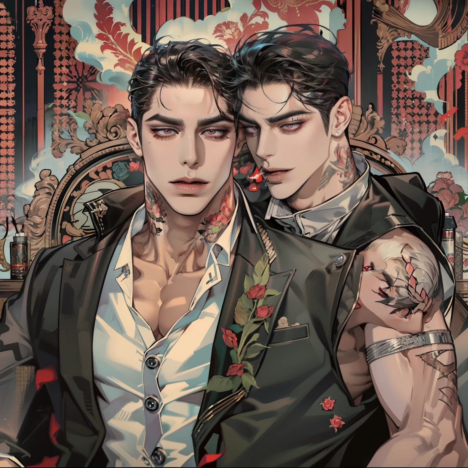 Mafia Noir Casino Gambling Bar Vampire dominant alpha gay couple macho sexy handsome demon adult men with tattoos big chest big abs slicked back hairstyle smoking red eyes charisma goth ((perfect face structure)) detailed stylized ((handsome male couple)) ((men kissing)) ((perfect eyes))