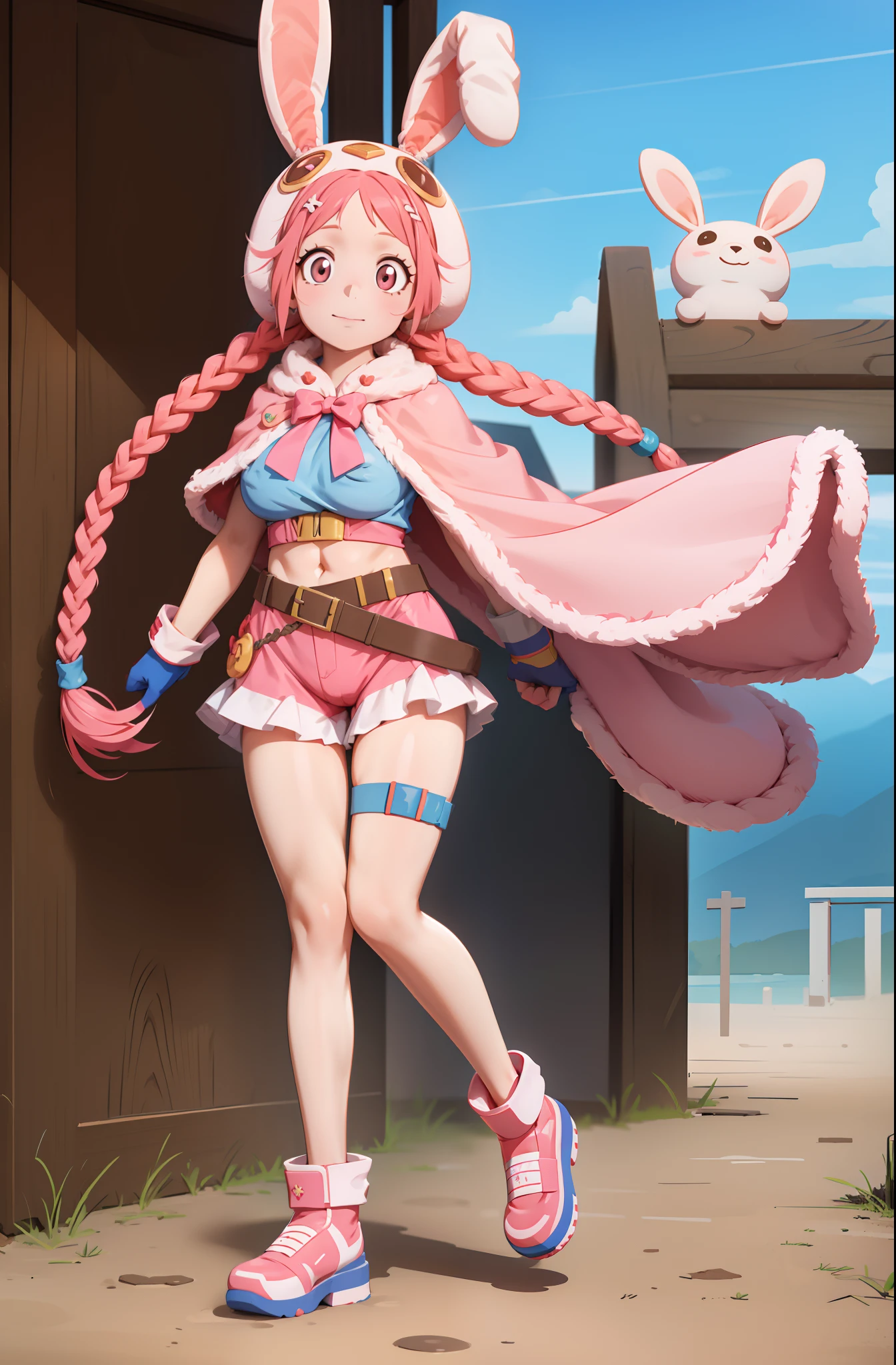 pink hair, long twin braids, , pink short sleeves, red gloves, light orange eyes, rabbit ear hood, blue shorts, belt, pink cape, cute, high quality, huge breast, full body