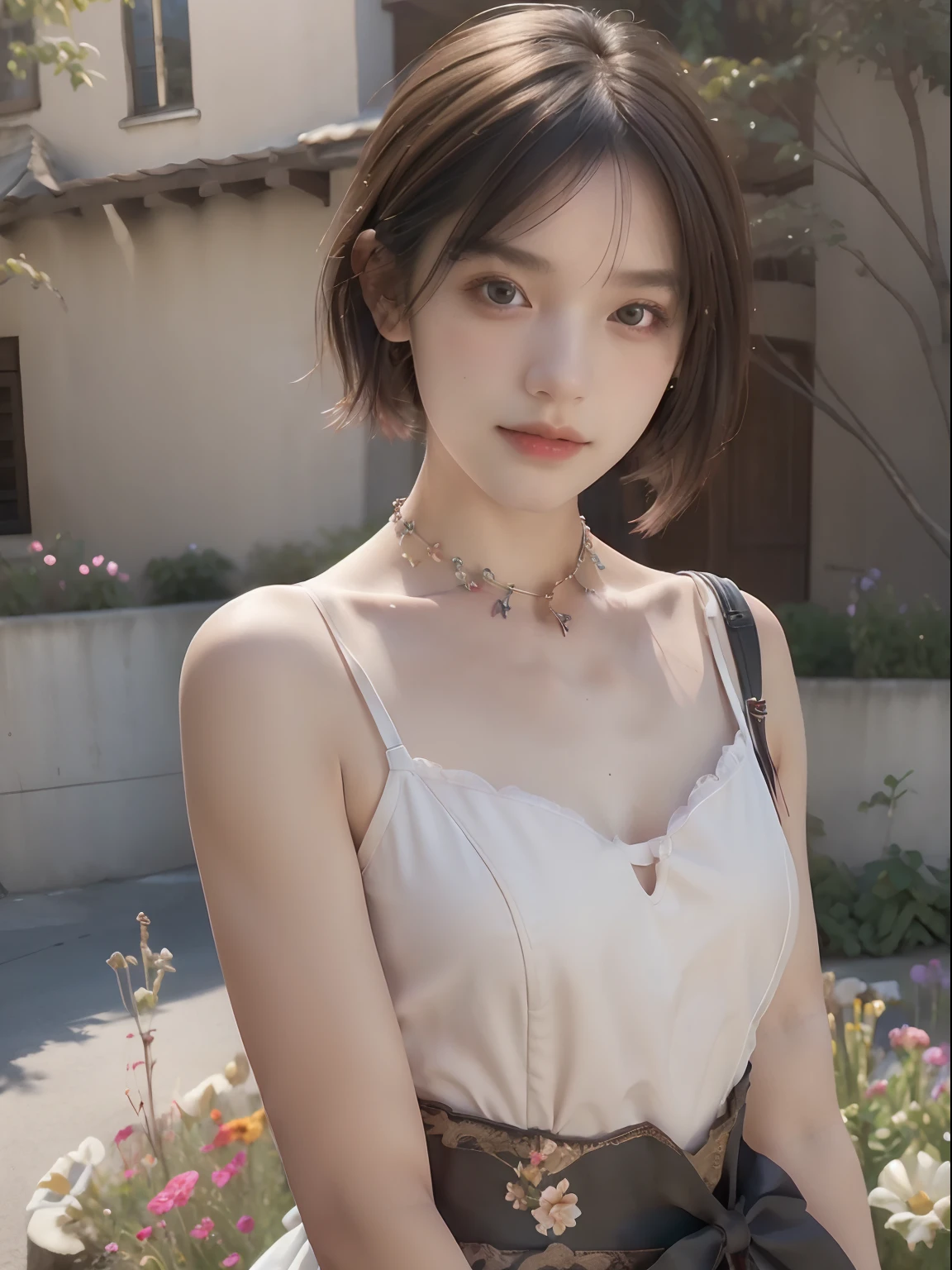 Best quality, Masterpiece, (Photorealistic:1.4), 1 girl, Upper body, Exposed short hair, Corset, necklace, Cute, Flowers around, outside,   -- Facial details:1.7 --