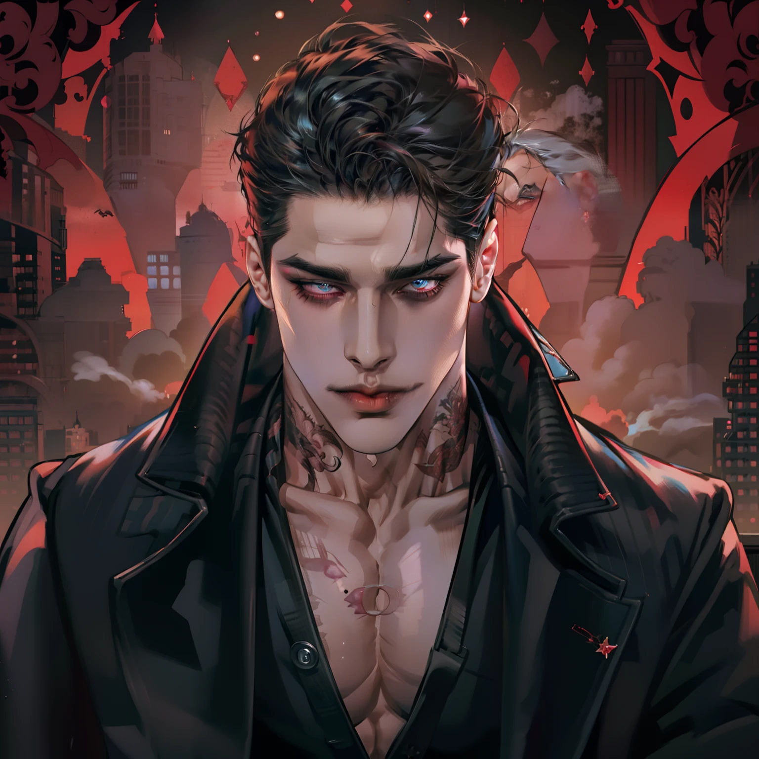 Mafia Noir Casino Gambling Bar Vampire dominant alpha couple gay macho sexy beau démon hommes adultes avec des tatouages grosse poitrine gros abdos lissés coiffure fumer yeux rouges charisme goth ((structure parfaite du visage)) détaillé stylisé ((beau couple d&#39;hommes)) ((Hommes s&#39;embrassant)) ((yeux parfaits))