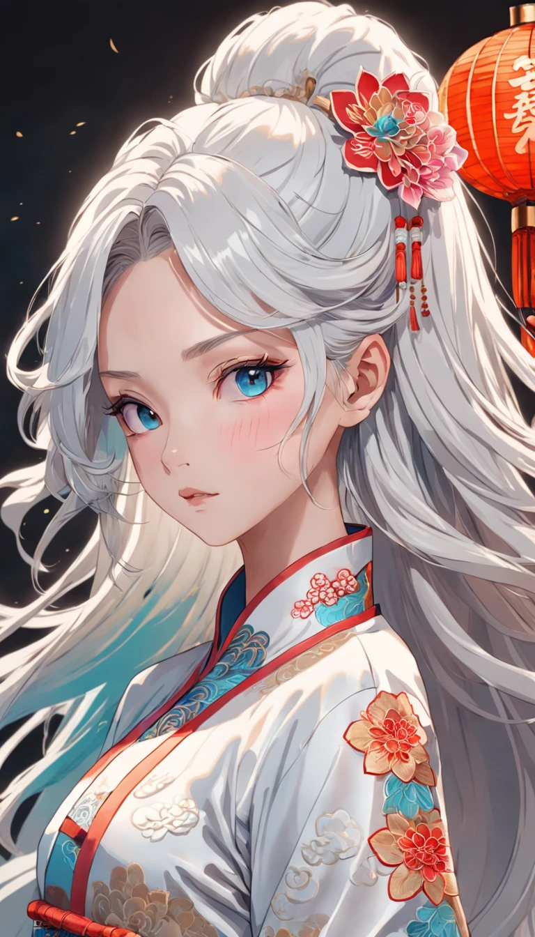 Royal Sister，Cold and glamorous，Raised sexy，on cheongsam，Embroidery，(1boys，White color hair，closeup cleavage， colorfull long hair, Oriental elements)，(Super refined，Chinese illustration:1.3，paper art:1.3, Quilted paper art:1.2),( reasonable design, Clear lines, High sharpness,Best quality, Very detailed, Masterpiece, movie light effect, 4K )