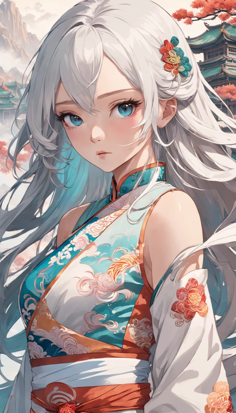 Royal Sister，Cold and glamorous，Raised sexy，on cheongsam，Embroidery，(1boys，White color hair，closeup cleavage， colorfull long hair, Oriental elements)，(Super refined，Chinese illustration:1.3，paper art:1.3, Quilted paper art:1.2),( reasonable design, Clear lines, High sharpness,Best quality, Very detailed, Masterpiece, movie light effect, 4K )
