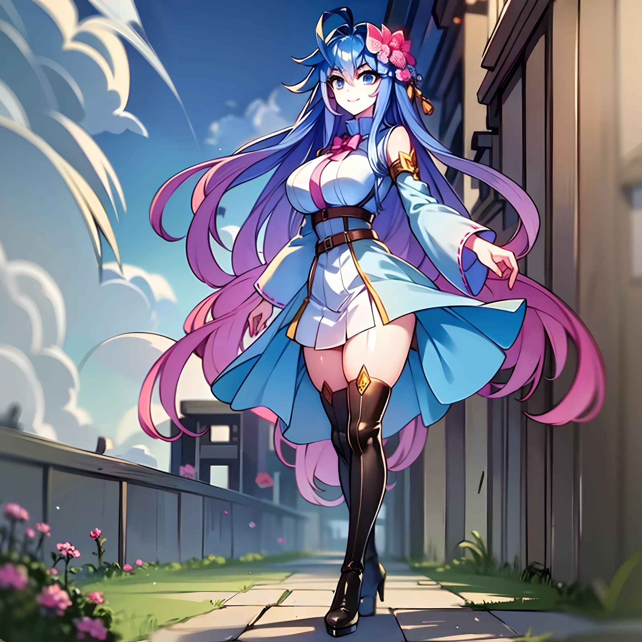 (masterpiece: 1.2),  best quality, ultra high res, shiny skin, mature female, fashi-g, ultra high res, perfect anatomy, best shadow, best quality, ((1girl, solo)), hair ornament, very long hair, huge breasts, smile, looking at viewer, very long hair, long sleeves, blue eyes, blue hair, bangs, hair between eyes, short dress, high boots, flower, cloudy sky, full body