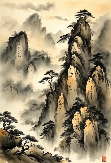 (Masterpiece, best quality: 1.2), traditional Chinese ink painting, high mountains, small hillsides, rocks, trees, no humans, cliffs