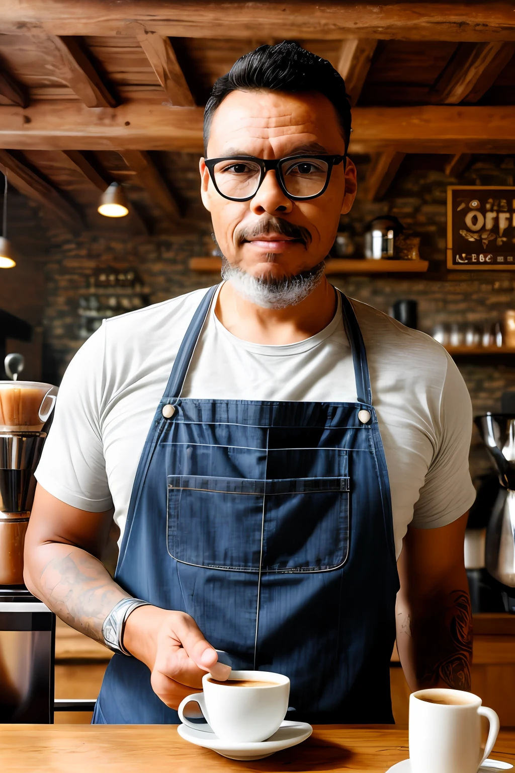 guttonerdvision10, A raw photograph featuring a bespectacled man with a hyper-detailed face, capturing intricate facial features with a scaling factor of 1.3. He embodies the role of a dedicated barista, his face reflecting a blend of concentration and expertise. The glasses he wears add a touch of sophistication to his appearance. This hyper-realistic portrayal is presented in UHD resolution with a scaling factor of 1.3, ensuring exceptional clarity and lifelike quality.

The setting is a charming rustic coffee house, where the aroma of freshly brewed coffee fills the air. Bathed in the soft glow of natural light, the man stands confidently behind the counter, surrounded by an array of coffee-related paraphernalia. The lighting accentuates the textures of the wood and the intricate details of his attire.

Rendered using the capabilities of Octane, the photograph captures the nuances of his features, the reflections on his glasses, and the rich textures of the environment. The result is a captivating image that brings the viewer into the world of the skilled barista and the cozy coffee haven.