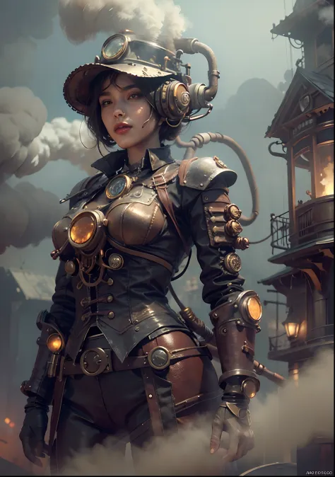 There's a woman with a steam-powered helmet, arte conceitual steampunk, full body view, smoke fog background,arte steampunk digi...
