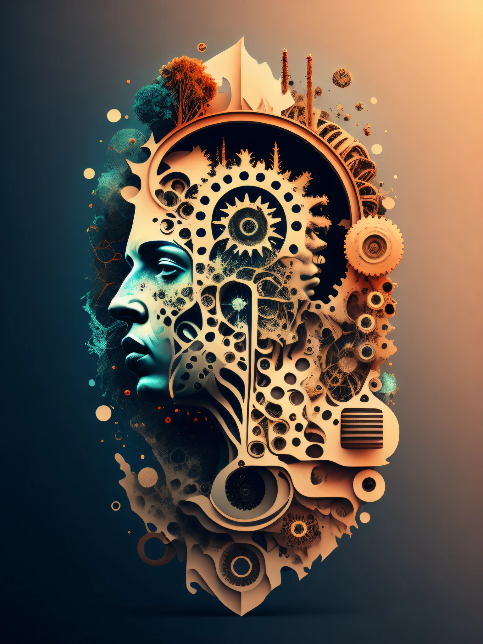 a stylized image of a person's head with many gears in it