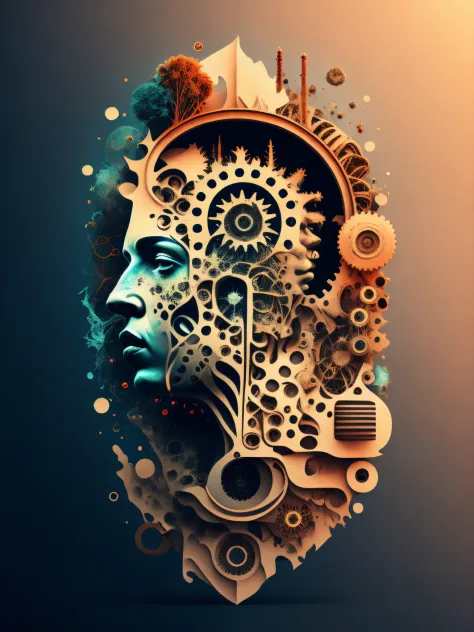 a stylized image of a person's head with many gears in it