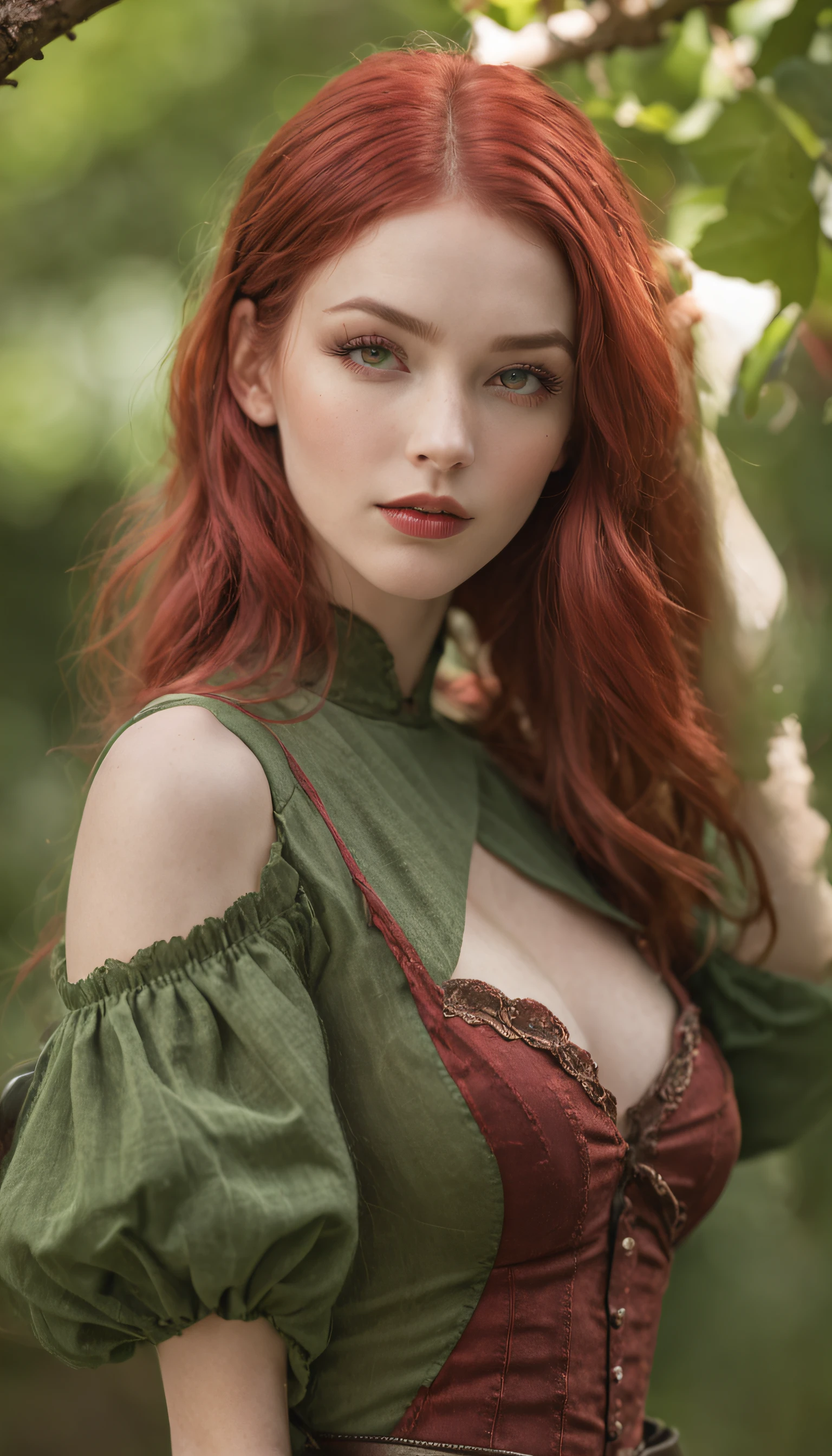 (steampunk art), Apple orchard, A large red apple in a coniferous forest, bokeh, glare, radiance, Fantasy, fairycore, High Resolution, image, Sexy girl with green eyes and red hair, bar, (sexypose), (wet clothing)