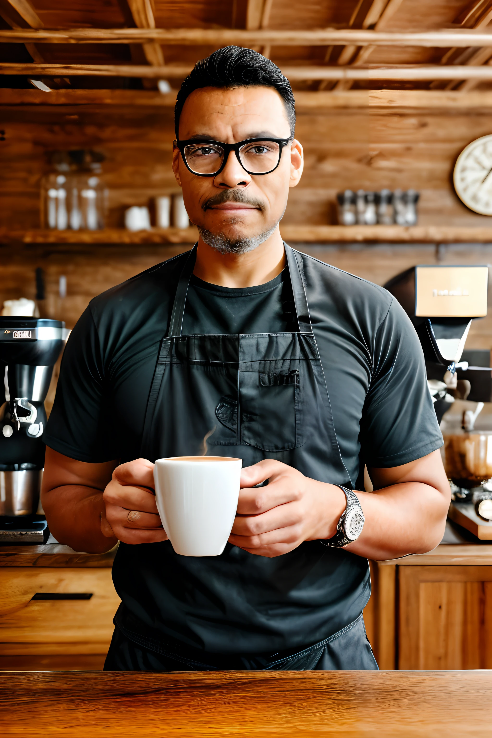 guttonerdvision10, A raw photograph featuring a bespectacled man with a hyper-detailed face, capturing intricate facial features with a scaling factor of 1.3. He embodies the role of a dedicated barista, his face reflecting a blend of concentration and expertise. The glasses he wears add a touch of sophistication to his appearance. This hyper-realistic portrayal is presented in UHD resolution with a scaling factor of 1.3, ensuring exceptional clarity and lifelike quality.

The setting is a charming rustic coffee house, where the aroma of freshly brewed coffee fills the air. Bathed in the soft glow of natural light, the man stands confidently behind the counter, surrounded by an array of coffee-related paraphernalia. The lighting accentuates the textures of the wood and the intricate details of his attire.

Rendered using the capabilities of Octane, the photograph captures the nuances of his features, the reflections on his glasses, and the rich textures of the environment. The result is a captivating image that brings the viewer into the world of the skilled barista and the cozy coffee haven.