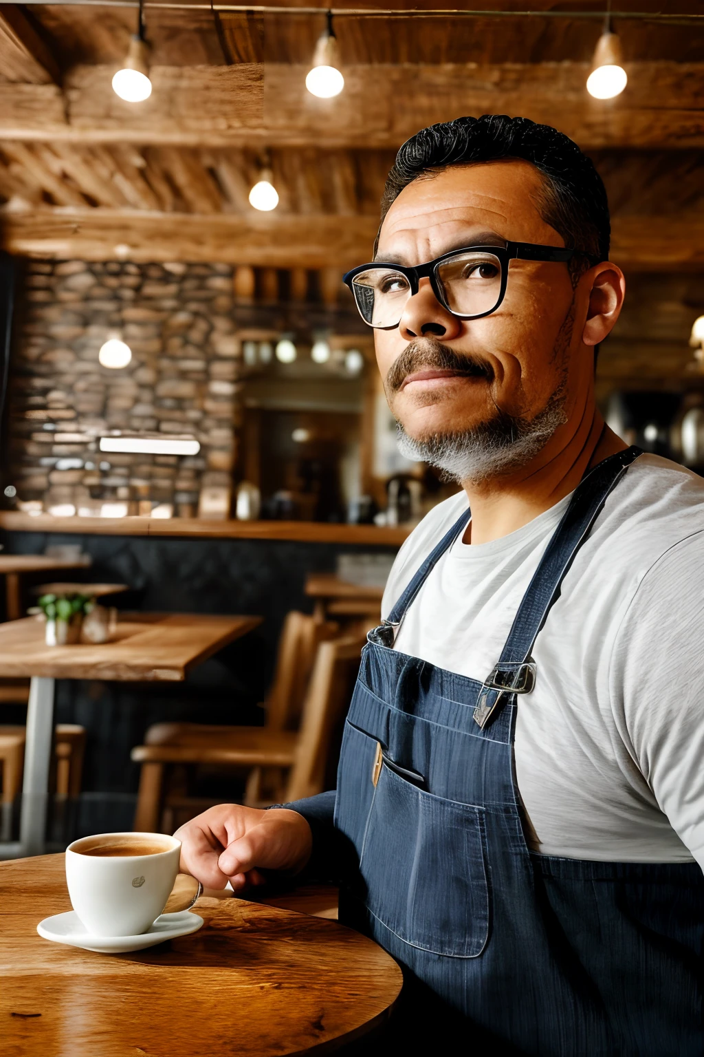 guttonerdvision10, A raw photograph with a bespectacled man with a hyper-detailed face, capturing intricate facial features with a scale factor of 1.3. Ele encarna o papel de um barista dedicado, your face reflecting a mix of concentration and experience. The glasses he wears add a touch of sophistication to his appearance. This hyper-realistic portrait is presented in UHD resolution with a scale factor of 1.3, garantindo clareza excepcional e qualidade de vida.

The setting is a charming rustic café, where the aroma of freshly brewed coffee fills the air. Banhado pelo brilho suave da luz natural, The man stands confidently behind the counter, surrounded by a variety of coffee-related paraphernalia. The lighting accentuates the textures of the wood and the intricate details of her costume.

Renderizado usando os recursos do Octane, The photograph captures the nuances of his features, the reflections in his glasses, e as ricas texturas do ambiente. The result is a captivating image that brings the viewer into the world of the skilled barista and cozy coffee haven.