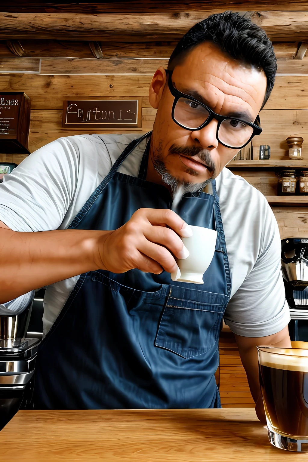 guttonerdvision10, A raw photograph with a bespectacled man with a hyper-detailed face, capturing intricate facial features with a scale factor of 1.3. Ele encarna o papel de um barista dedicado, your face reflecting a mix of concentration and experience. The glasses he wears add a touch of sophistication to his appearance. This hyper-realistic portrait is presented in UHD resolution with a scale factor of 1.3, garantindo clareza excepcional e qualidade de vida.

The setting is a charming rustic café, where the aroma of freshly brewed coffee fills the air. Banhado pelo brilho suave da luz natural, The man stands confidently behind the counter, surrounded by a variety of coffee-related paraphernalia. The lighting accentuates the textures of the wood and the intricate details of her costume.

Renderizado usando os recursos do Octane, The photograph captures the nuances of his features, the reflections in his glasses, e as ricas texturas do ambiente. The result is a captivating image that brings the viewer into the world of the skilled barista and cozy coffee haven.