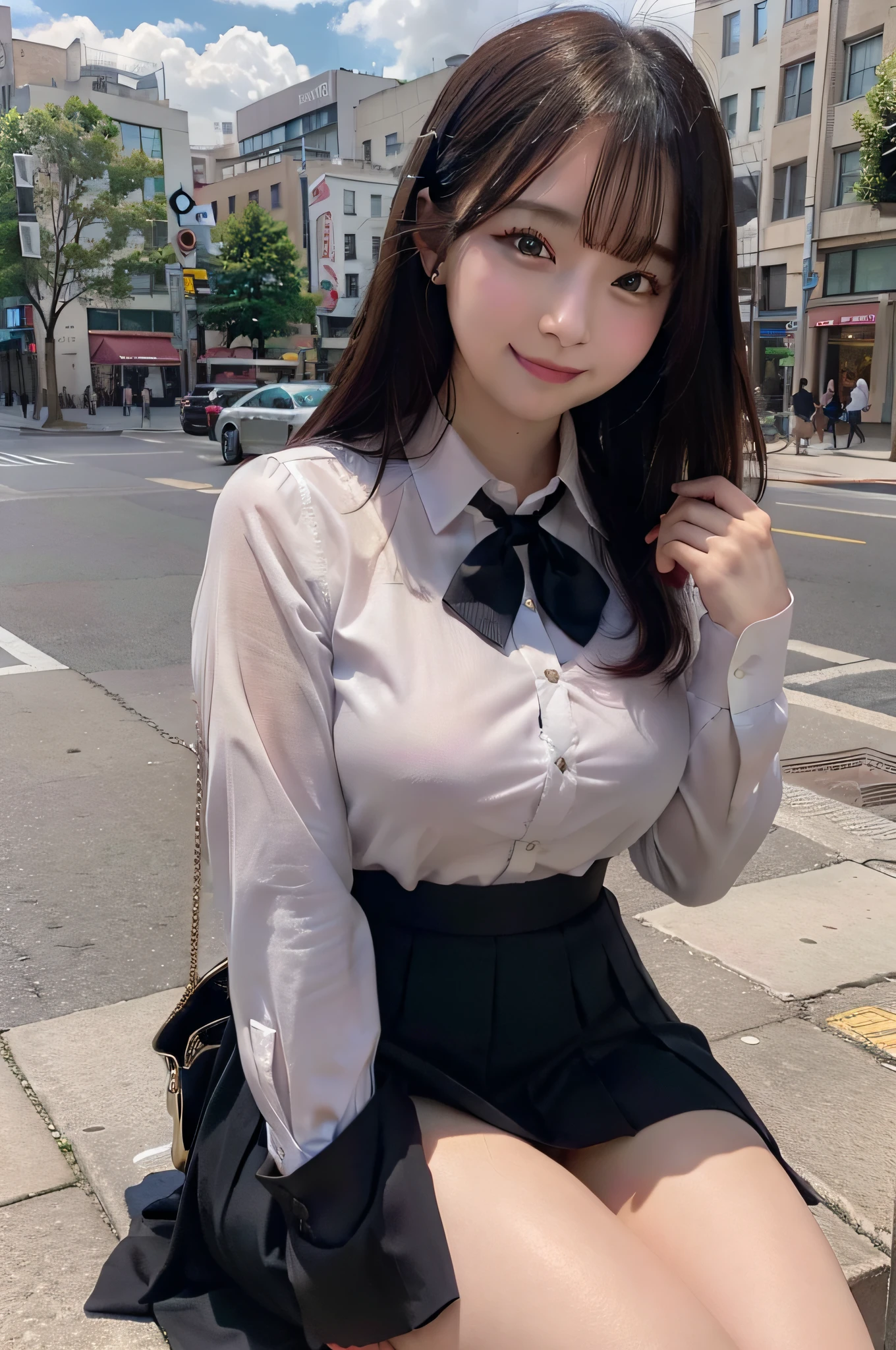 There is a woman who is on the street with a purse, fat pigeon, fat cat,(8k, RAW photo, best quality, masterpiece: 1.2), (realistic, photo-realistic: 1.37), ultra-detailed, 1 girl, cute, solo, beautiful detailed sky, detailed coffee, night, sitting, dating, (flushed nose), (smile: 1.1), medium breasts, beautiful detailed eyes, (collared shirt: 1.1), bow tie, pleated skirt,
