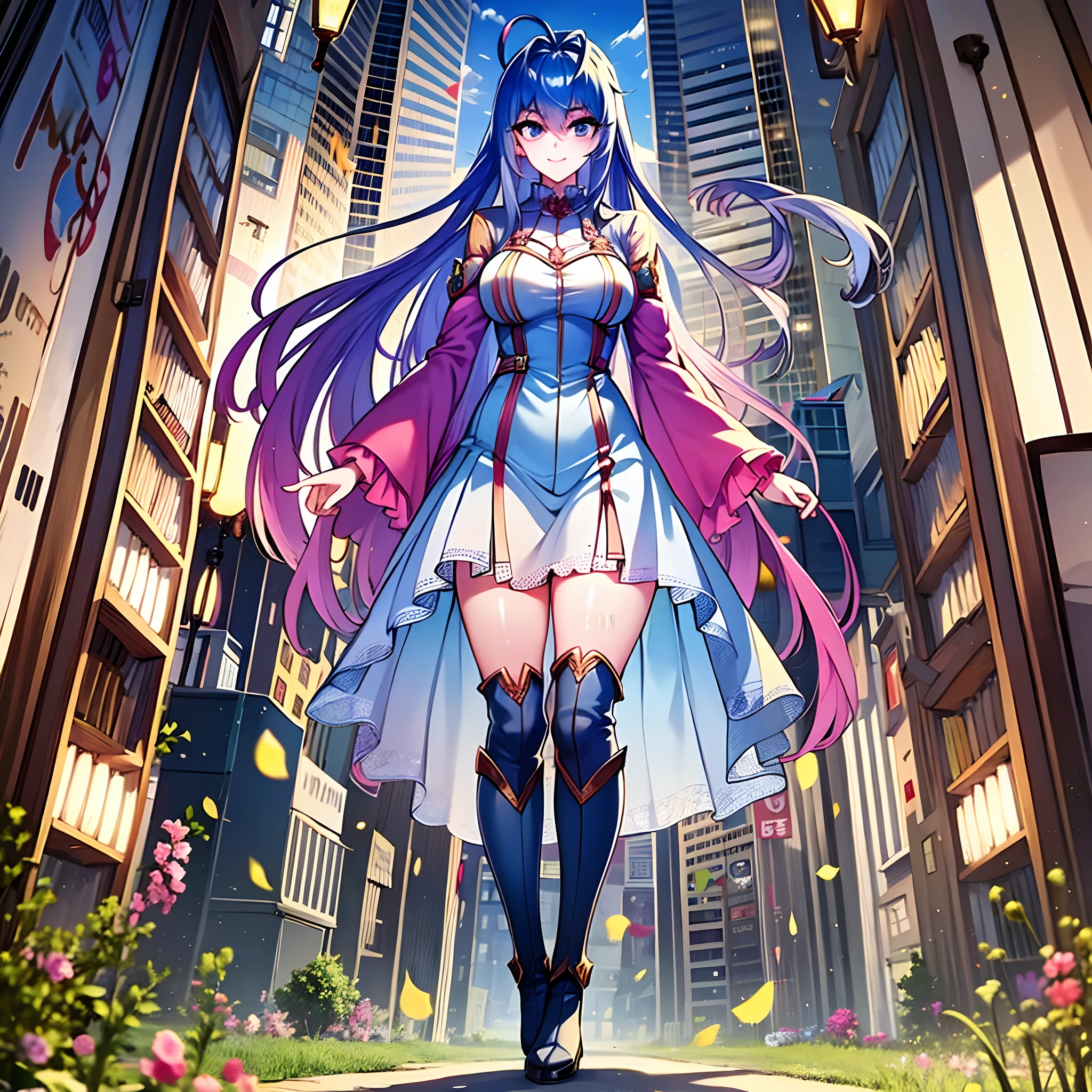 (masterpiece: 1.2),  best quality, ultra high res, shiny skin, mature female, fashi-g, ultra high res, perfect anatomy, best shadow, best quality, ((1girl, solo)), hair ornament, very long hair, huge breasts, smile, looking at viewer, very long hair, long sleeves, blue eyes, blue hair, bangs, hair between eyes, short dress, high boots, flower, cloudy sky, full body