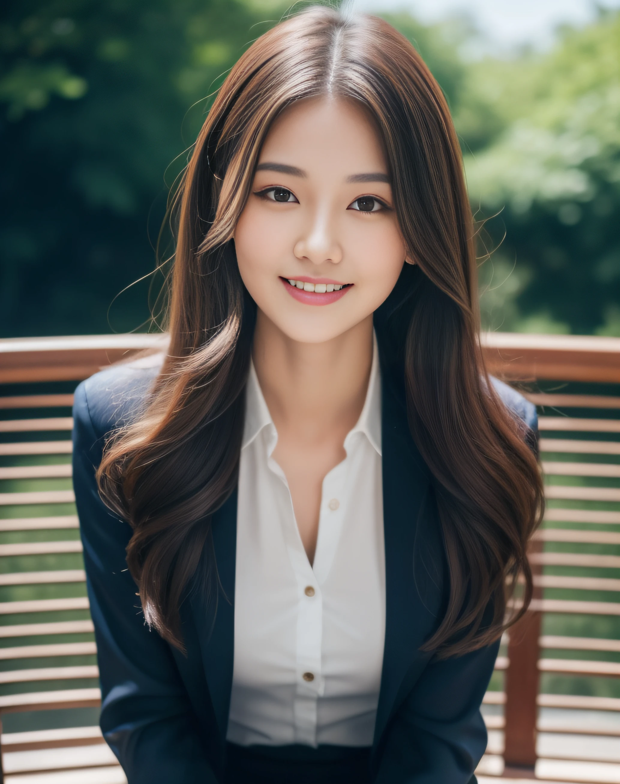 ((best quality, 8K, masterpiece: 1.3)), beautiful girl, pure, melon face, kind and cute, sweet smile, pure desire, slender body, (front), (tilted head), ((looking at camera) ), wearing a navy blue suit, black silky long hair, long flowing shoulders, round black big eyes, clear big eyes, moist red lips, sweet, sitting on a chair, terrace background , ((whole body)),