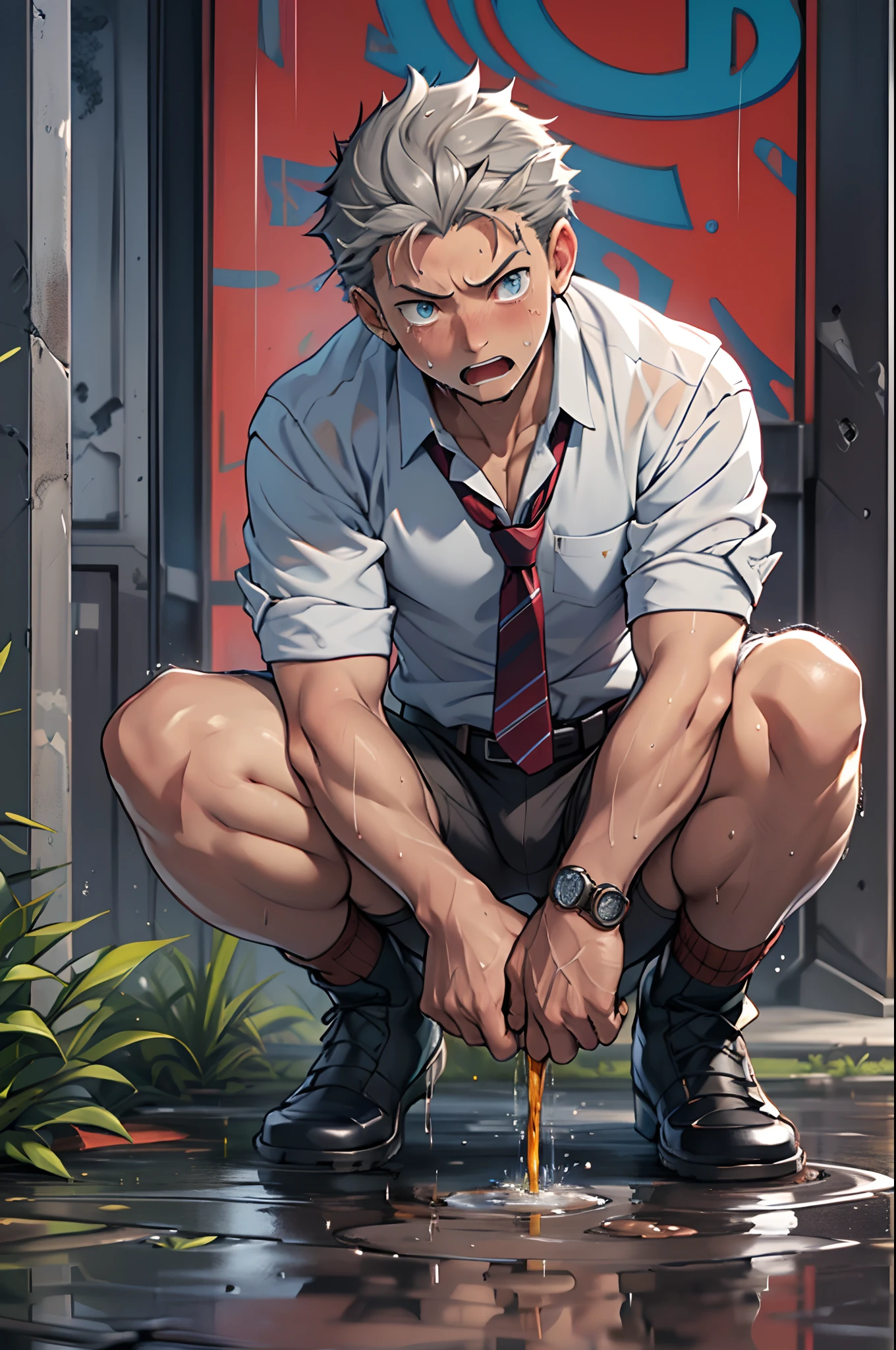 （1 Adult male），A high resolution， Sharp focus， Pixiv masterpiece， （（Complicated details））， highly  detailed， natsuki_subaru， 1 man，Defeat， crestfallen，full bodyesbian，kneels on the ground， Sweaty crotch，Pee on the legs，pissing，Urine runs down the thighs，embarressed，exhilarated，is shocked，panicking，worry，A small puddle of their own urine forms around the feet，Urine runs down the crotch，Drenched，rain，The shirt is soaked，（A gesture of pleading），blue color eyes（eyes glowing）， Short gray hair，white  shirt，Wear a tie，Wear a belt，perspire