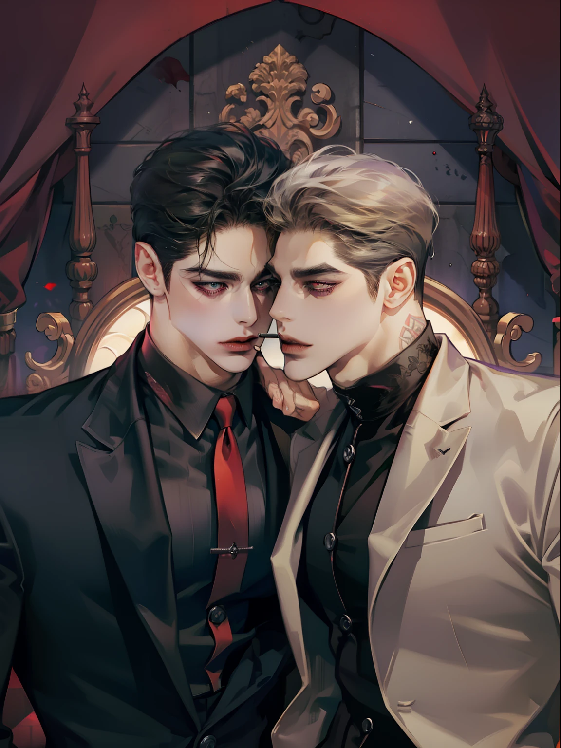 Mafia Noir Casino Gambling Bar Vampire dominant alpha couple gay macho sexy beau démon hommes adultes avec des tatouages grosse poitrine gros abdos lissés coiffure fumer yeux rouges charisme goth ((structure parfaite du visage)) détaillé stylisé ((beau couple d&#39;hommes)) ((Hommes s&#39;embrassant)) ((yeux parfaits))