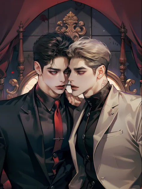 Mafia Noir Casino Gambling Bar Vampire dominant alpha gay couple macho sexy handsome demon adult men with tattoos big chest big ...