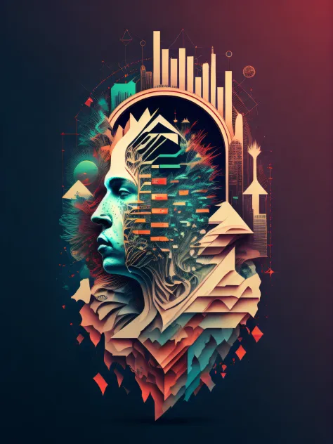 a stylized image of a person's head with many stock exchange charts on it