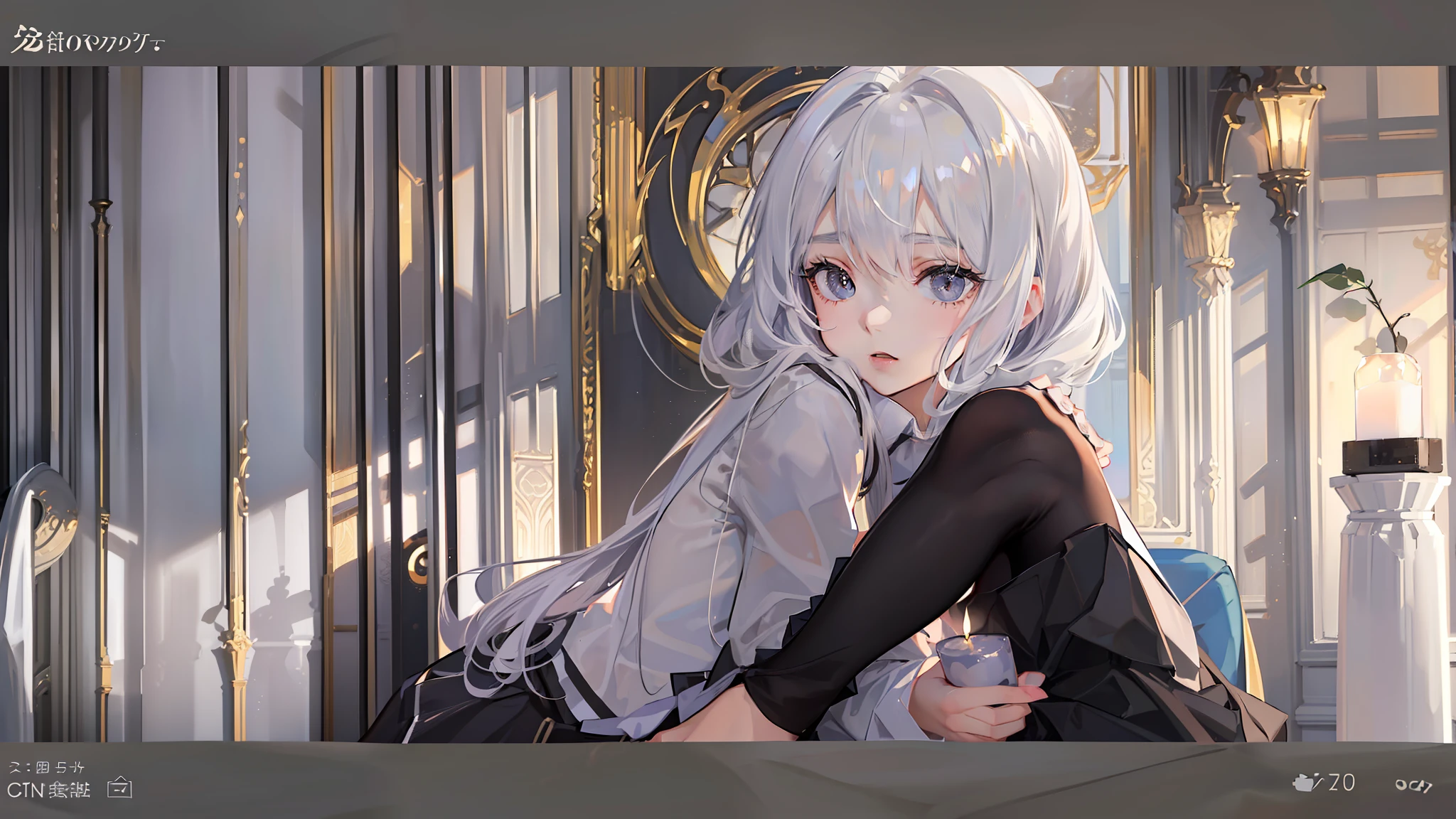 Anime girl sitting on a chair in a room with a clock - SeaArt AI