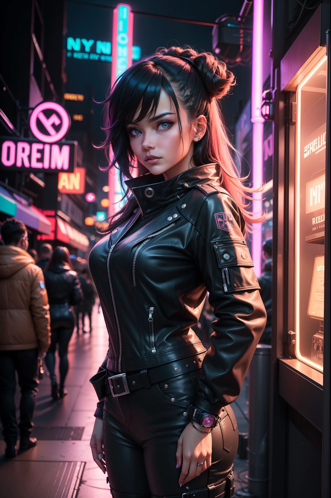 A woman in a leather jacket standing on a city street - SeaArt AI