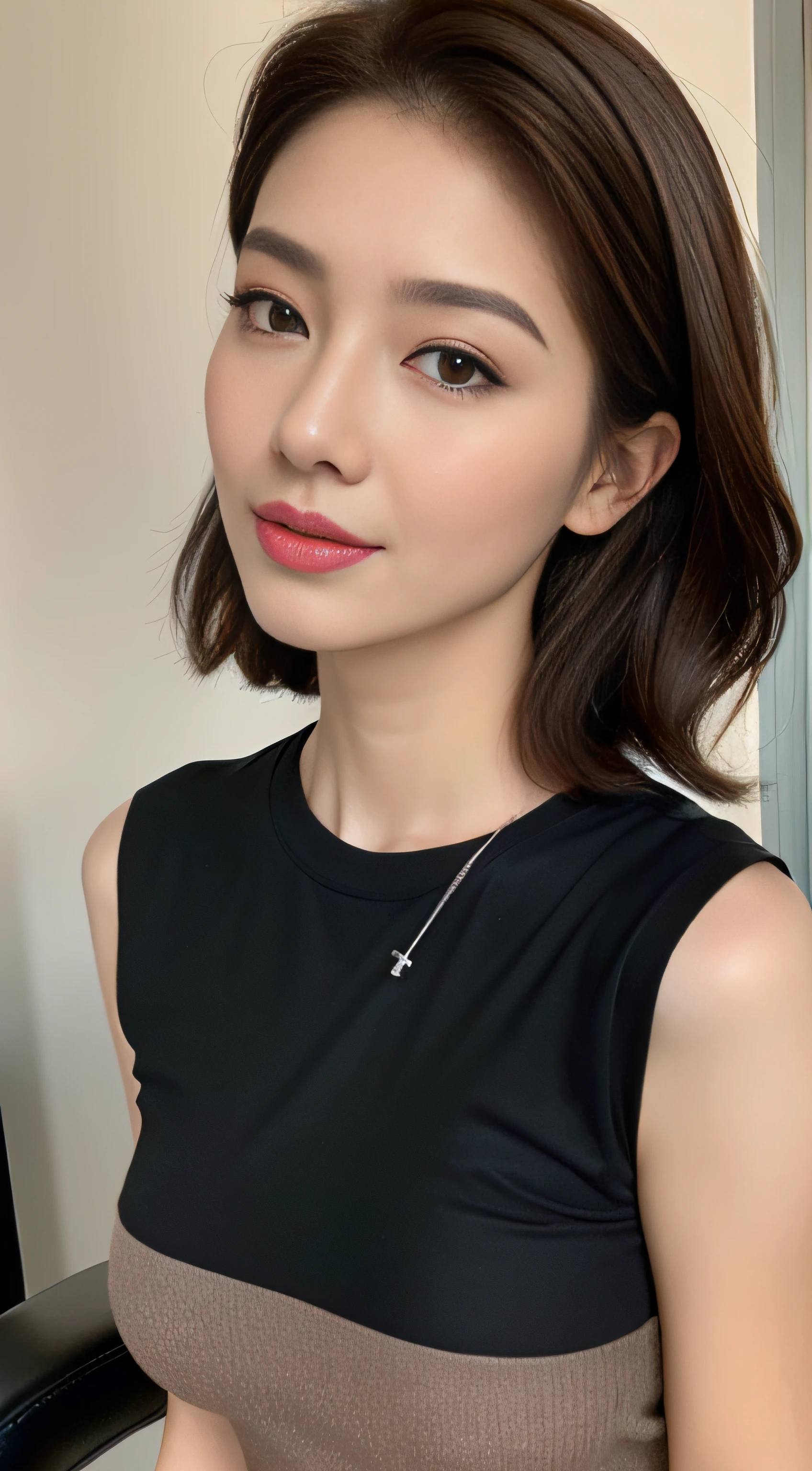 ((top-quality)), Beautuful Women:1.4, Slender abs:1.1, ((with short dark brown hair、Colossal tits:1.2)), (Shiny silver skinny T-shirt, The sheen、Standing black corner:1.2), Detailed face and skin texture, A detailed eye,sit on chair