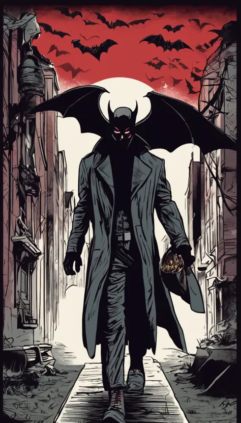 Nosferatu, the prince of the night in a black coat，red color eyes，Bats flying around，Red sky，borgar