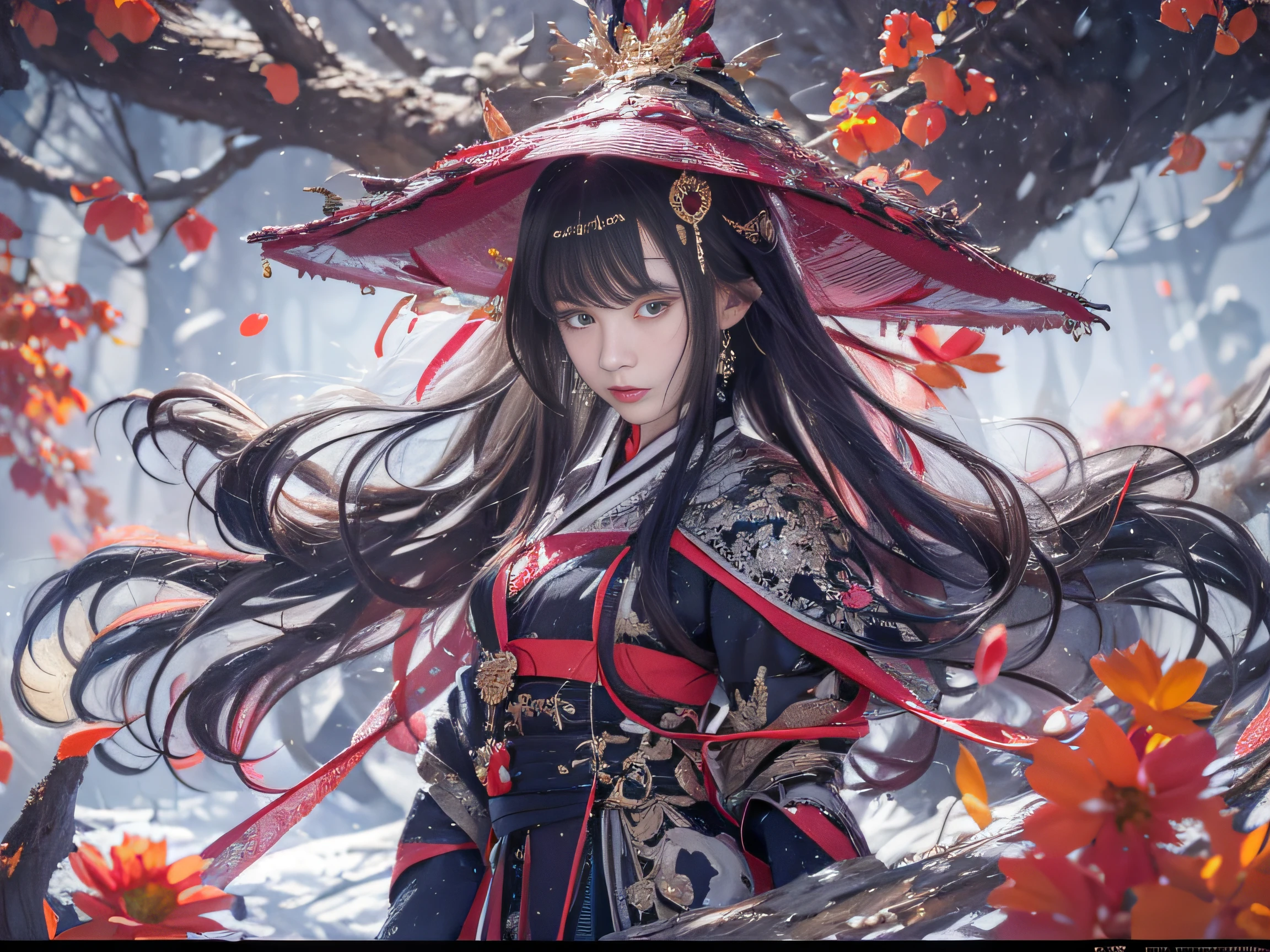 32K（tmasterpiece，k hd，hyper HD，32K）Long flowing black hair，Rockery，zydink， a color，  Xuzhou people （Seduce girls）， （Red scarf in the snow）， jumping posture，  long whitr hair， Floating hair， Carp pattern headdress， Chinese long-sleeved silver battle robe， （Abstract gouache splash：1.2）， Pink petal background，Tulips flying（realisticlying：1.4），Black color hair，Fallen leaves flutter，The background is pure， A high resolution， the detail， RAW photogr， Sharp Re， Nikon D850 Film Stock Photo by Jefferies Lee 4 Kodak Portra 400 Camera F1.6 shots, Rich colors, ultra-realistic vivid textures, Dramatic lighting, Unreal Engine Art Station Trend, cinestir 800，Long flowing black hair，Transparent robe clothing