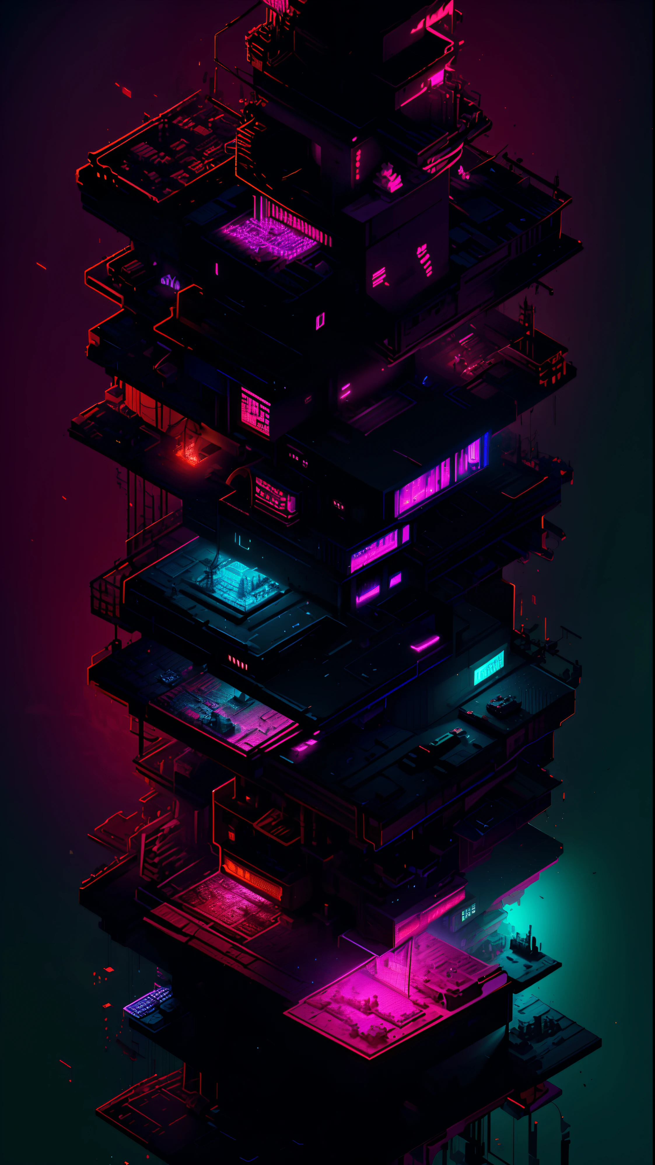 ((Best quality)), ((masterpiece)), (highly detailed:1.3), 3D,(Isometric:1.4),No Humans,StackedCityAI, Welcome to NeoCircuit, a sprawling megacity where neon-lit skyscrapers pierce the night sky and luminescent circuitry weaves through every facet of life. In this isometric cyberpunk metropolis, where reality intertwines with the digital realm, you find yourself at the heart of a thrilling conspiracy.As you navigate the dizzying streets, your eyes are drawn to the mesmerizing glow of the elevated data highways that crisscross the cityscape. Streams of vibrant light pulse with information, connecting the denizens of NeoCircuit to a world of limitless possibilities. The isometric view reveals the city's intricate layers, showcasing the bustling streets, towering arcologies, and clandestine alleyways that hide both secrets and opportunities.But within this neon-lit labyrinth, something sinister lurks in the shadows. The city's power brokers, elusive hackers, and corrupt corporations vie for control, employing advanced technology to manipulate the city's inhabitants. A powerful AI, known as the Oracle, pulls the strings from the depths of cyberspace, its true intentions veiled in enigma.You, an unlikely protagonist, possess unique skills that make you a target and a potential savior. Equipped with a cutting-edge neural implant and augmented reality interface, you possess the ability to unravel the city's mysteries and expose the truth behind NeoCircuit's dark underbelly. The isometric perspective captures the city's sprawling complexity, offering glimpses into hidden corners and secret hideouts, each holding clues to the grand puzzle that awaits.As you delve deeper into the neon-drenched underworld, you encounter a diverse cast of characters, each with their own motivations and agendas. Street-level hackers, rogue operatives, and enigmatic rebels become your allies and adversaries in this high-stakes game of survival. The isometric view allows you to strategize your every move, from navigating perilous rooftops to hacking into secure mainframes, as you gradually uncover a web of corruption that stretches far beyond what you initially imagined.Within the neon-infused cyberpunk tapestry of NeoCircuit, you will confront thrilling challenges and make choices that shape not only your own fate but also the destiny of the entire city. Will you expose the truth and ignite a revolution against the oppressors? Or succumb to the allure of power and become a puppet in the hands of those who manipulate the digital realm? The isometric view grants you a panoramic perspective, urging you to tread carefully as you decide which path to embrace,HDR (High Dynamic Range),Ray Tracing,NVIDIA RTX,Super-Resolution,Unreal 5,Subsurface scattering,PBR Texturing,Post-processing,Anisotropic Filtering,Depth-of-field,Maximum clarity and sharpness,Multi-layered textures,Albedo and Specular maps,Surface shading,Accurate simulation of light-material interaction,Perfect proportions,Octane Render,Two-tone lighting,Low ISO,White balance,Rule of thirds,Wide aperature,8K RAW,Efficient Sub-Pixel,sub-pixel convolution,luminescent particles