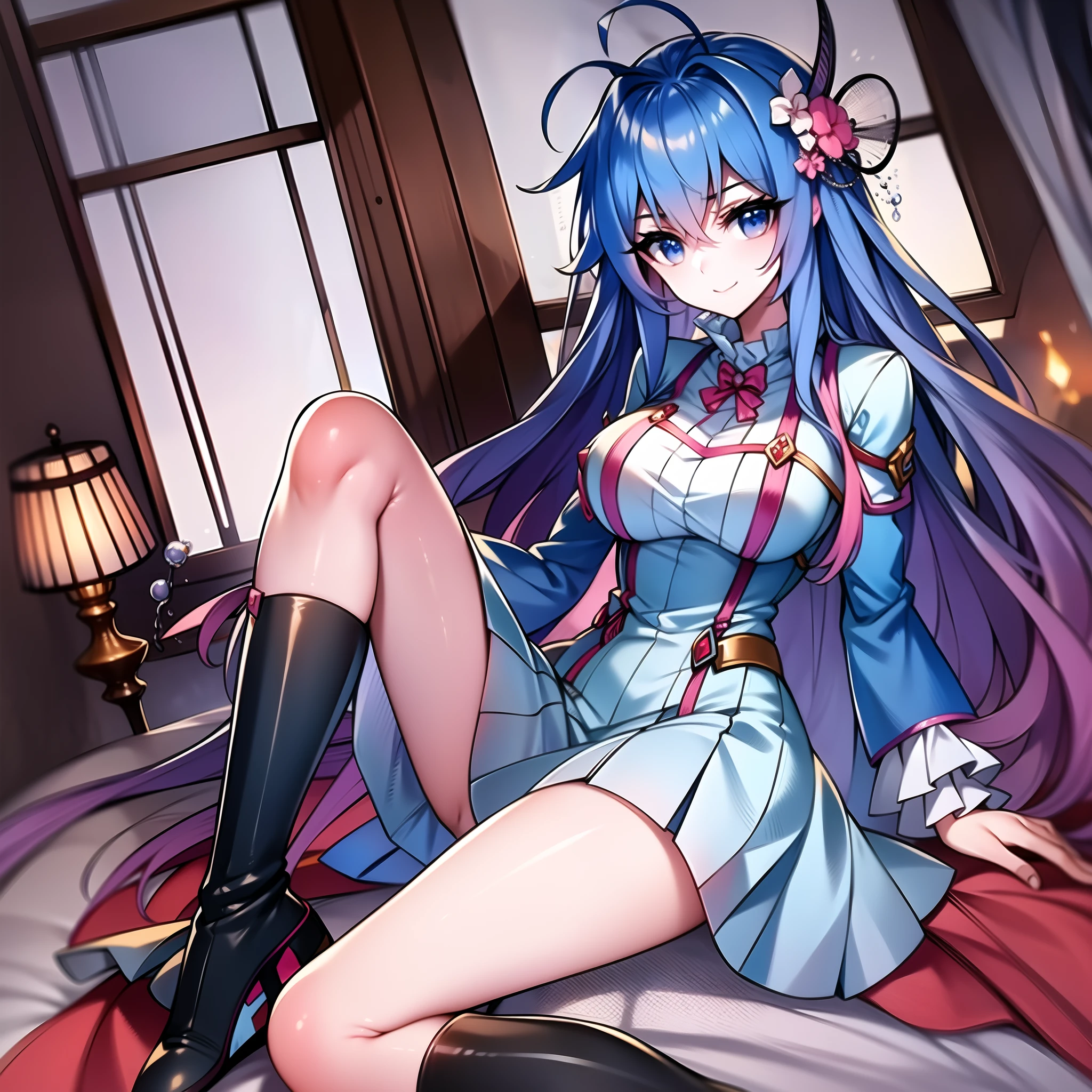 (masterpiece: 1.2),  best quality, ultra high res, shiny skin, mature female, fashi-g, ultra high res, perfect anatomy, best shadow, best quality, ((1girl, solo)), hair ornament, very long hair, huge breasts, smile, looking at viewer, very long hair, long sleeves, blue eyes, blue hair, bangs, hair between eyes, short dress, high boots, flower, cloudy sky, full body, sleep on bed