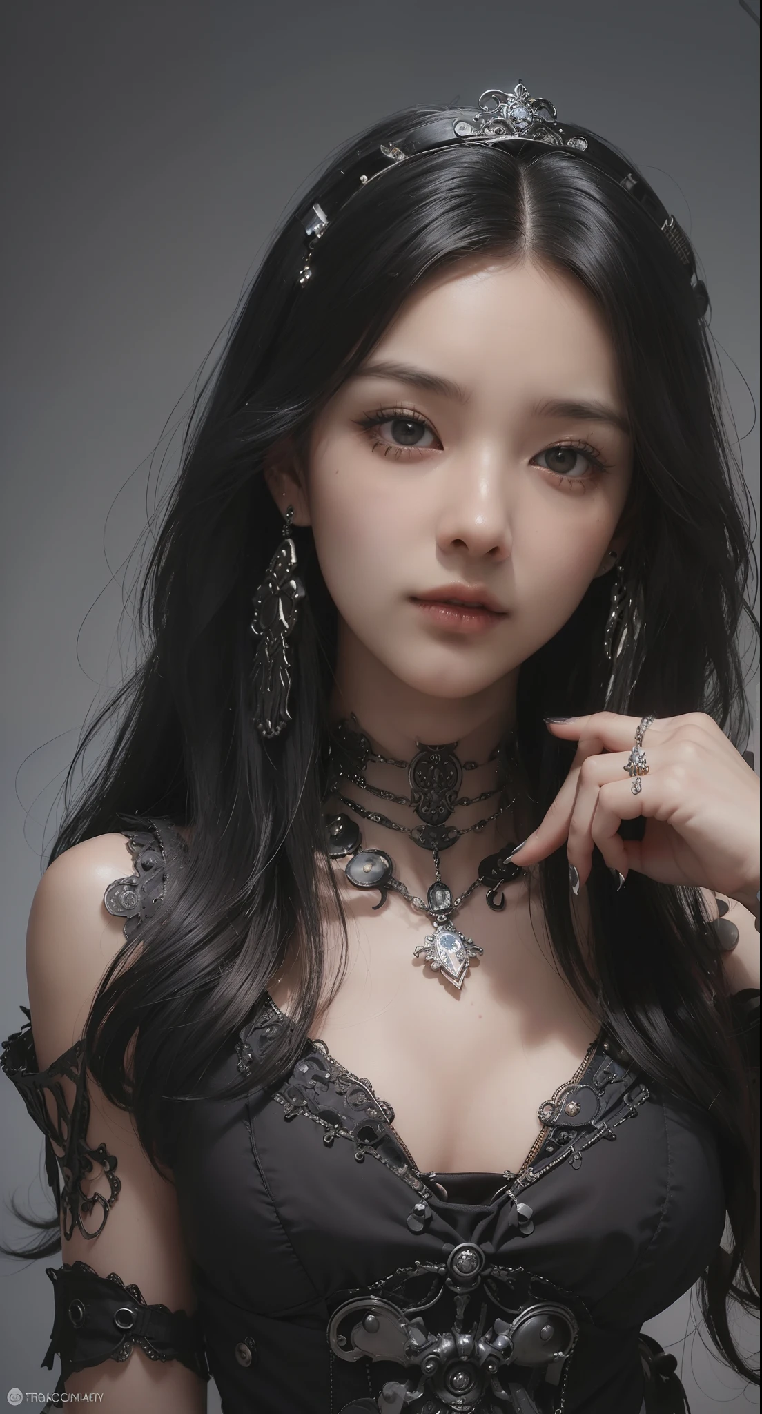 (((masutepiece, of the highest quality, super detailed))), (((( Very detailed face))), small thin nose, Small thin lips mouth, (((Very sharp focused eyes))), Very large slit precise pale grey eyes that shine like jewels. very long eyelashes, long black hair with black vertical curls,, thick bangs, Princess cut with vertical curls, (((Very decorative gothic Lolita fashion and、Embellished steampunk fashion encounter))), Very dramatic and cinematic lighting, (((Overall accuracy has been significantly improved, Create ultra-detailed, realistic and realistic images))).