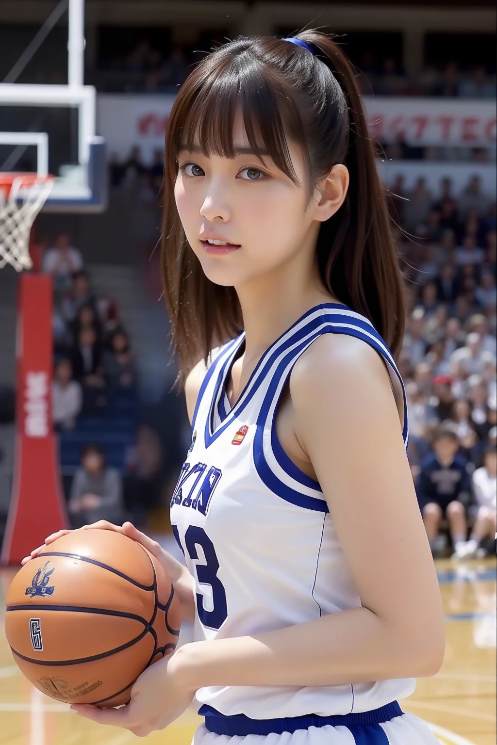 Japón hermosa mujer con grandes y vistiendo un uniforme de baloncesto