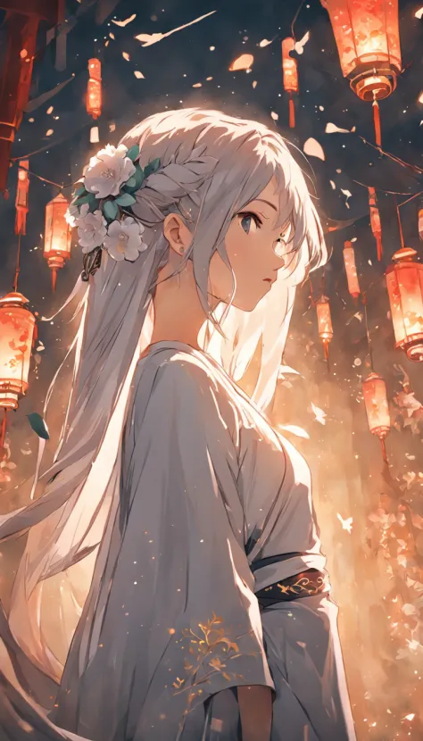 1girl, Small Fresh，White floral dress，Oriental ancient style，dignified，slim，beauitful face，cabelos preto e longos，Beautiful hair accessories，In the attic，((solo focus))，best qualtiy，tmasterpiece，k hd，Detailed scenes, Beautiful digital illustration, the det...