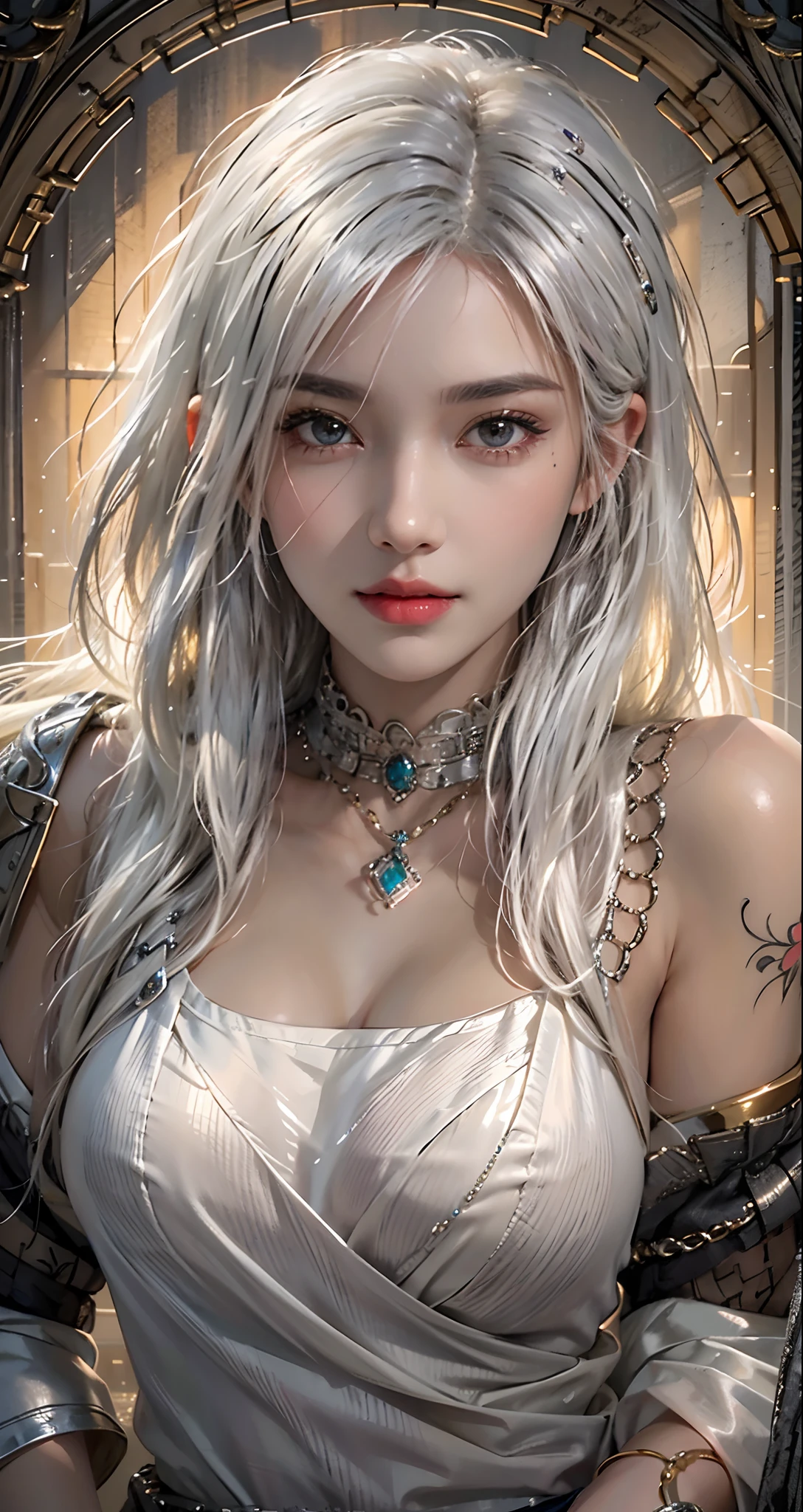 photorealistic, high resolution, soft light,1women, solo, hips up, shining skin, (detailed face),tattoo, jewelry, chainmail, night, white hair, wavy hair, Beautiful Soldier, Eyes That Invite Viewer, Lover's Perspective, Inviting Expression, Sexy Smile, Perfect Style, Perfect Balance, Detailed Skin, Naughty Gaze, Chest Visible