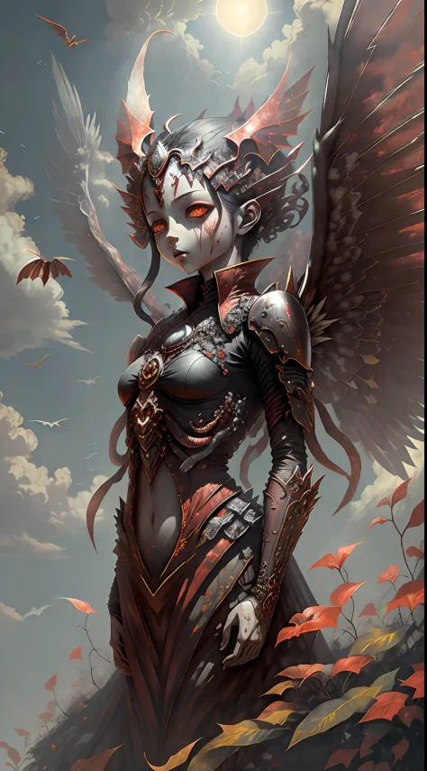 organism, Vampire, Blood-red eyes，Black skin，with her wings spread wide，Bask in the sun and fly into the sky，intricatedesign