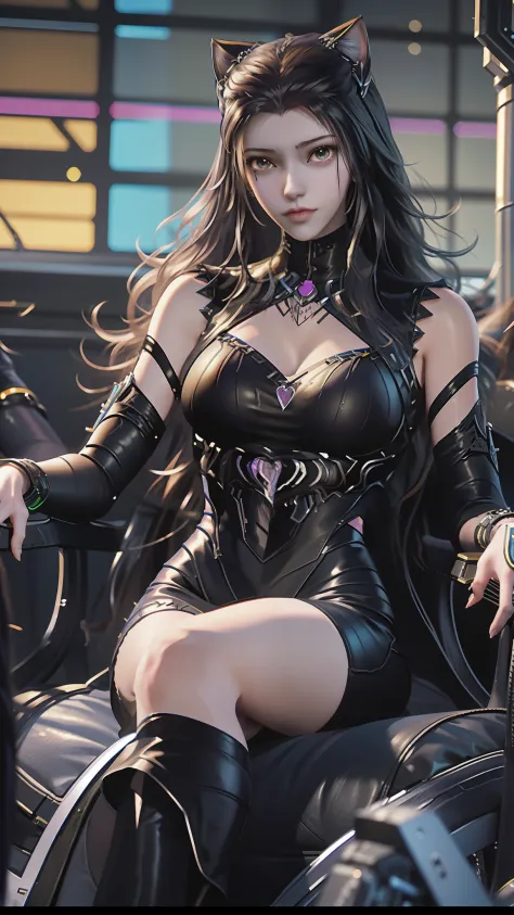 There is a woman sitting on a chair，Wearing a cat's costume, cyberpunk anime girl, female cyberpunk anime girl, cyber school gir...