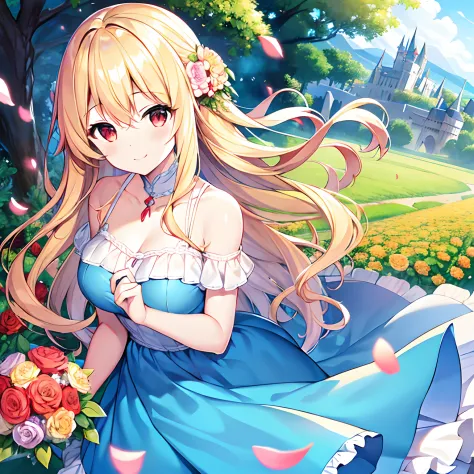 Wavy blonde hair、red eyes、Beautiful girl alone、独奏、animesque、Have a bouquet、Light blue dress、off shoulders、flower  field、castle i...