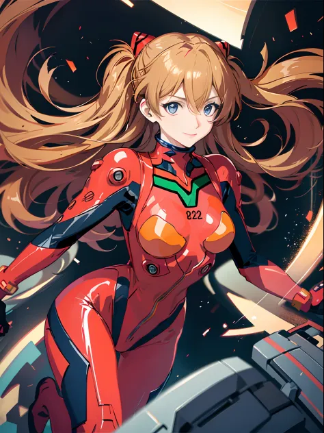 Shikiha Asuka Langre, ASUKA, Evangelion, her hair is a long blonde double ponytail, wearing a full red EVA pilot's combat suit, ...