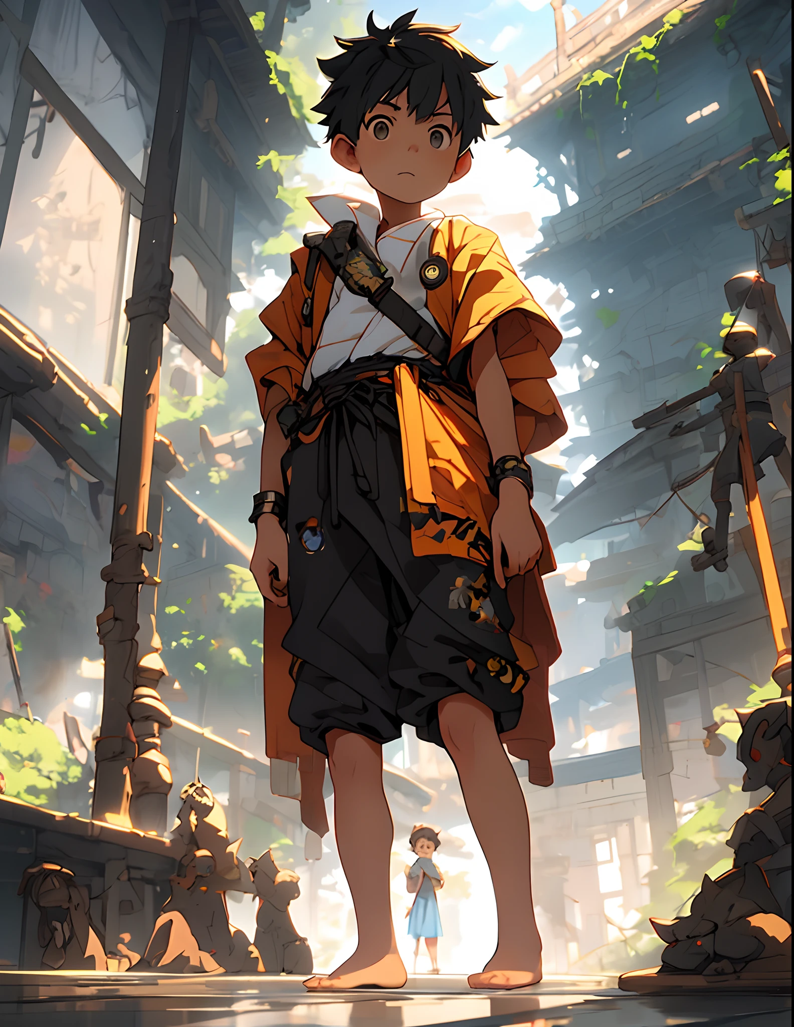 Un niño pequeño jugando con juguetes en la sala de estar, arte sencillo inspirado en el estilo visual de Studio Ghibli, pintura al óleo barroca anime visión clave retrato de cuerpo completo personaje arte conceptual, Fantasía oscura brutalista, Coudre, dictador aristocrático, Popular caja de ventiladores Pixiv, Regla de los tercios proporción áurea por Greg Rutkowski Wlop Makoto Shinkai Takashi Takeuchi Studio Ghibli Jamie Wyeth