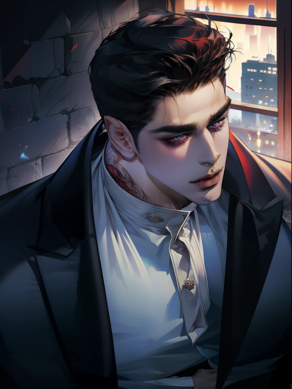 Mafia Noir Casino Gambling Bar Vampire dominant alpha gay couple macho sexy handsome demon adult men with tattoos big chest big abs slicked back hairstyle smoking red eyes charisma goth ((perfect face structure)) detailed stylized ((handsome male couple)) ((men kissing)) ((perfect eyes))