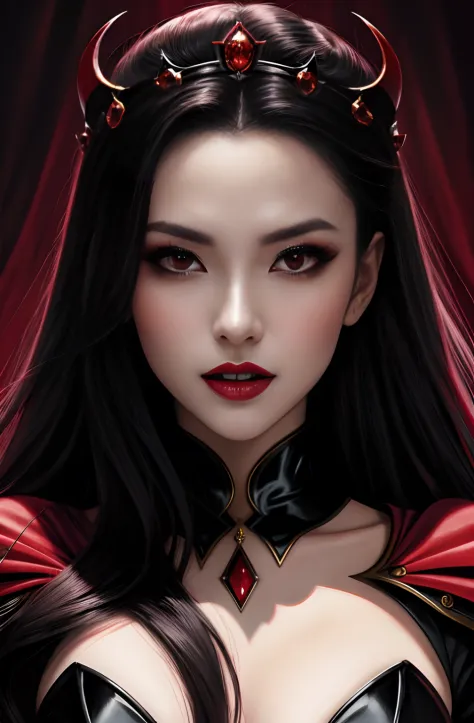 beautiful vampire queen，Red glowing eyes，Mouth open，pointy teeth，bleeding from the corners of her mouth，A vampire queen with a crown on her head，Arms spread wide，, artgerm detailed, beautiful elegant demon queen, Extremely detailed Artgerm, IG model | Art ...