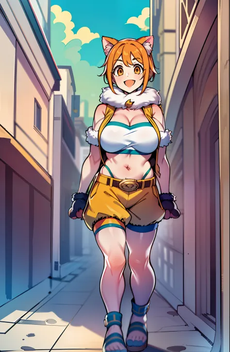 t,orange hair, short hair, orange eyes, girl with cat ears, green bandeau, light orange shorts, light brown small vest,belt, cat...