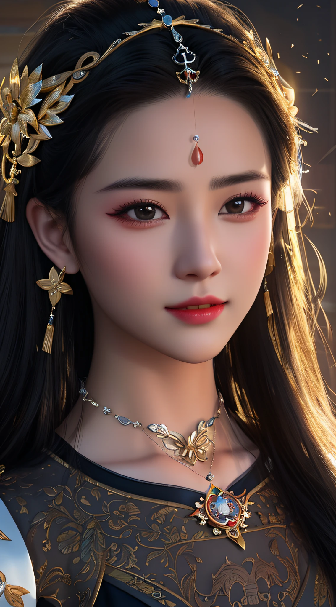 a woman with long hair wearing a gold headpiece and a black top, a beautiful fantasy empress, ((a beautiful fantasy empress)), palace ， a girl in hanfu, chinese princess, inspired by Xie Sun, inspired by Huang Ji, xianxia fantasy, chinese style, chinese girl, ancient chinese princess, ruan jia beautiful!, xianxia