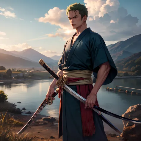 Roronoa Zoro (Masterpiece, 4k resolution, ultra-realistic, very detailed), (Theme of white samurai, charismatic, there is a swor...