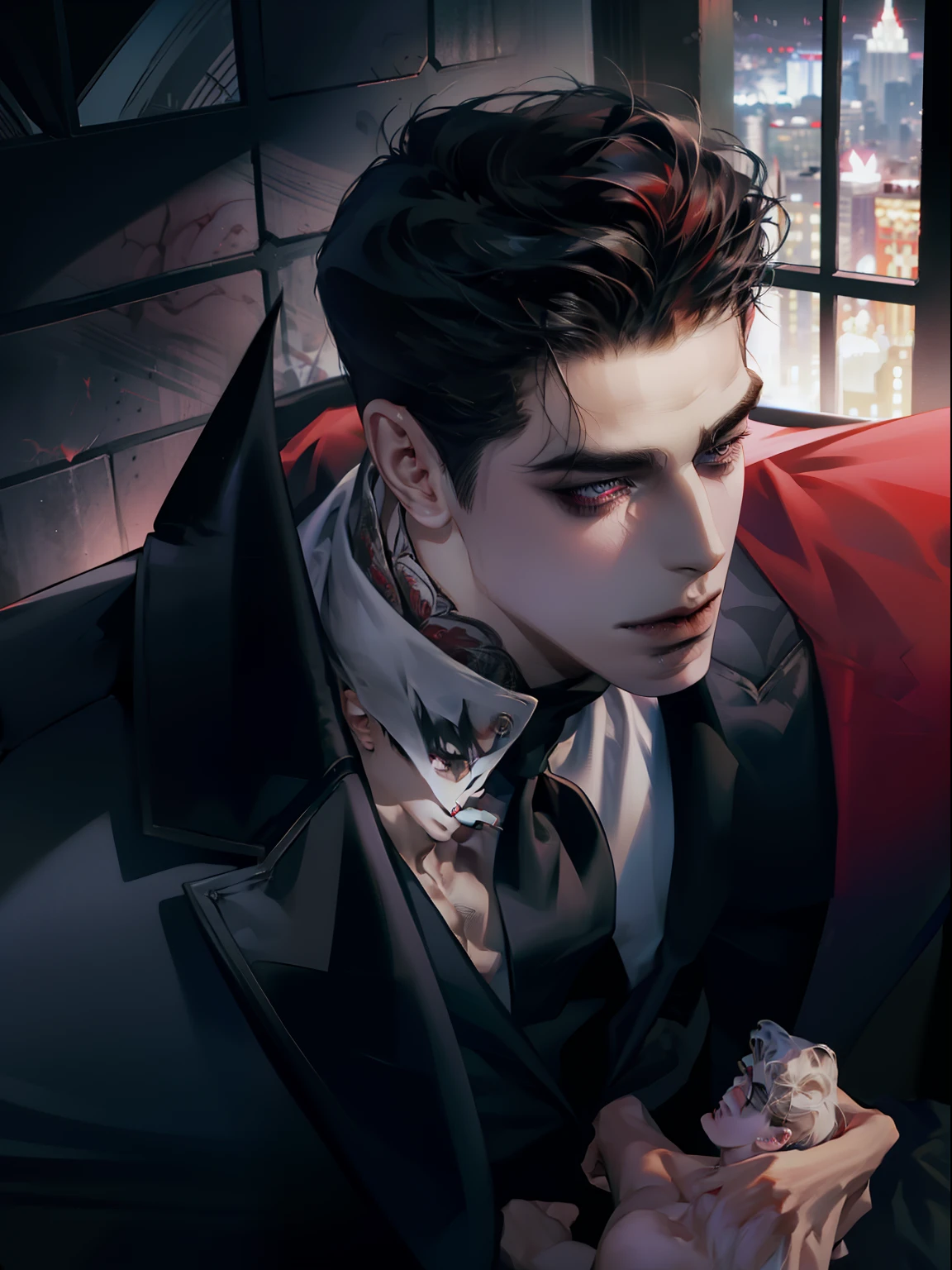 Mafia Noir Casino Gambling Bar Vampire dominant alpha gay couple macho sexy handsome demon adult men with tattoos big chest big abs slicked back hairstyle smoking red eyes charisma goth ((perfect face structure)) detailed stylized ((handsome male couple)) ((men kissing)) ((perfect eyes)) ((two men))