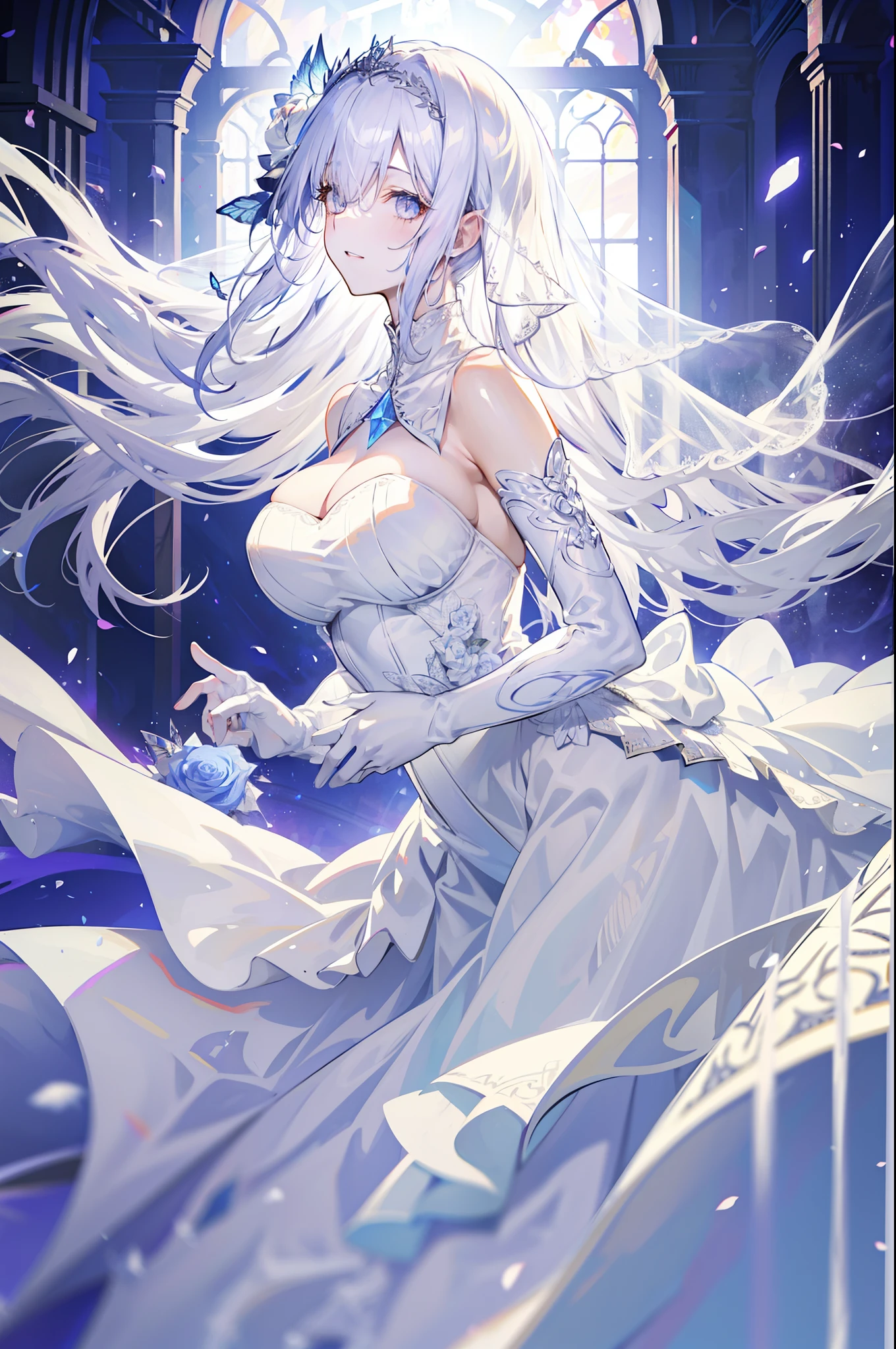 silber hair，butterflys，long whitr hair，white wedding gown，8k wallpaper，detailedbackground，Highest high resolution，deep v big breasts，Hair covers one eye，Bandeau wedding dress，chies，White rose，tight-fitting，