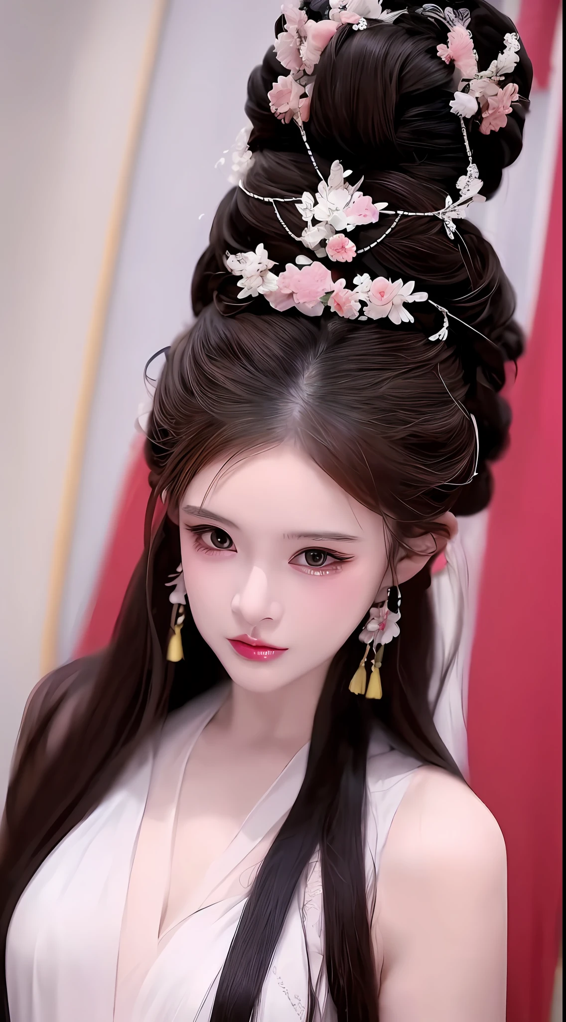 1 garota realisticamente linda, cabelo na altura da cintura, olhos pretos, antigo Ao Dai, estilo hanfu, vestindo uma camisa de seda fina da China antiga, pele branca rosada e lisa, vestindo um estilo antigo discreto ao dai, Aparece ombros e cabeça na foto, Carinha muito fofa, bolsas nos olhos sob maquiagem molhada e detalhada, lábios vermelhos carnudos, encantadores lábios pequenos e curvados, ((boca fechada:1.0)), incisivos equilibrados, envergonhado, maquiagem de rosto pequeno detalhada e muito bonita, Os seios são super redondos e justos, Aumento de mama, Blum , Cubra o peito da menina com uma camisola por dentro, corar, de frente, Use brincos, colares, de cima, olhando para o espectador, olhos arrebitados, corpo todo, Obra de arte, qualidade máxima, melhor qualidade, arte oficial, papel de parede da unidade 8k, alta resolução, resolução ultra alta, ultra detalhado, (fotorrealista:1.2), sozinho, Sozinho, apenas 1 garota, estilo hanfu Dunhuang, 10x pixels, super realista, Qualidade ultra-alta, visão corporal do retrato da garota, tronco,