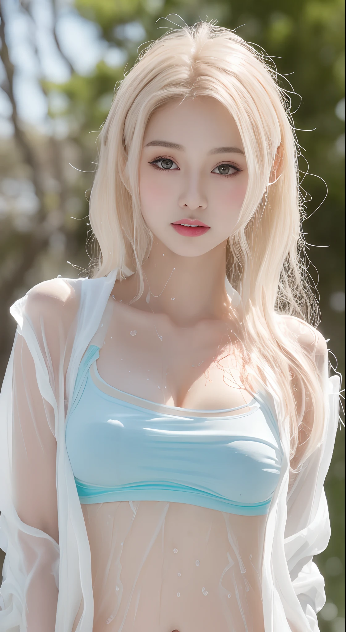 ((best qualtiy, 8K, tmasterpiece:1.3)), perfect figure beautiful woman:1.4, Protruding cleavage:1.5, (Perfect breasts:1.2), (wetclothes:1.5) , headband:1.4, A detailed eye, double eyelid，Snow-white skin，Long pink hair