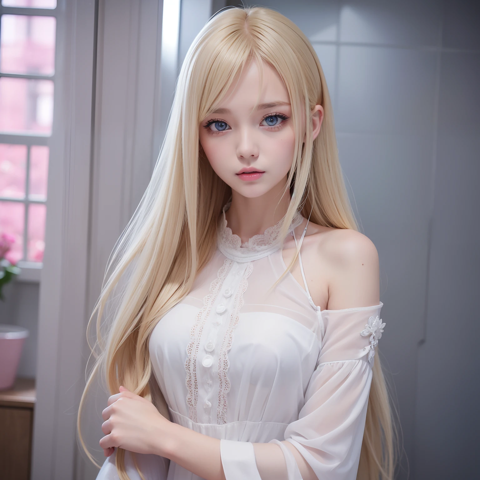 A close up of a woman with long blonde hair wearing a white dress ...